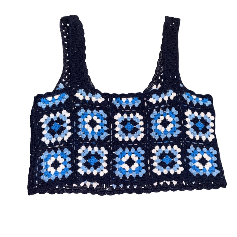 Sincerely Jules‎ Crochet Granny Square Crop Top Navy Blue White Large